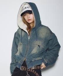 デニム/合皮 裏ボアショートジップアップジャケット ブルゾン【UNISEX】
