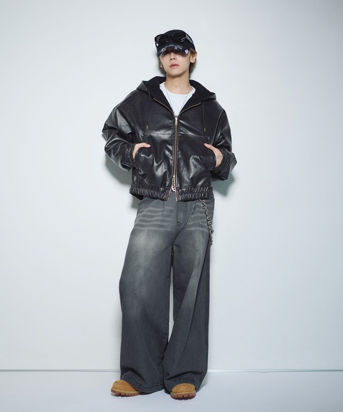 デニム/合皮 裏ボアショートジップアップジャケット ブルゾン【UNISEX