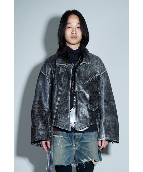 Cracked vintage cow leather short jacket