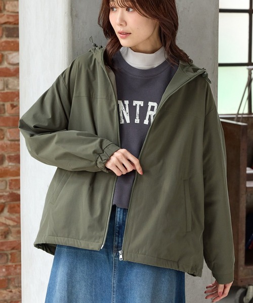 フリース フード付きコート　カーキ色 非フッ素撥水加工】裏フリースフードブルゾン（ブルゾン）｜Honeys