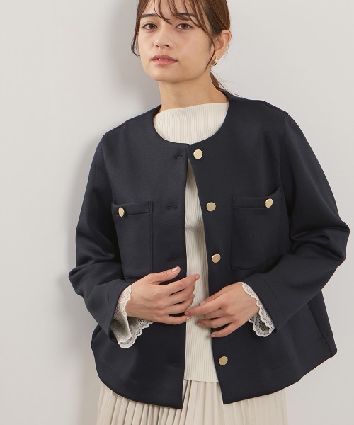 QUEENS COURT(クイーンズコート)の「カルゼダンボールノーカラージャケット≪手洗い可能≫(ノーカラージャケット・レディース・ダークグレー/ネイビー/ベージュ・M)」の1枚目の写真