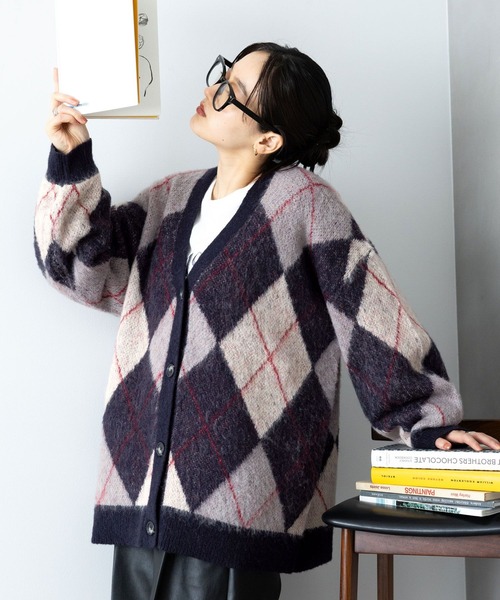 セール】モヘヤブレンド/アーガイルニットカーディガン（カーディガン