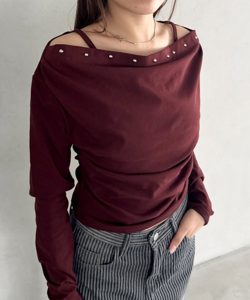 Bamm(バム)の「スタッズオフショルサイドギャザートップス(Tシャツ/カットソー・レディース・ブラック/グレー/ネイビー/ホワイト/レッド・FREE)」の5枚目の写真