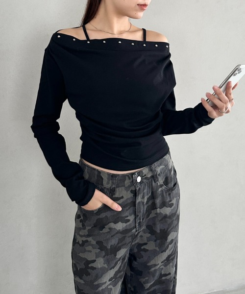 Bamm(バム)の「スタッズオフショルサイドギャザートップス(Tシャツ/カットソー・レディース・ブラック/グレー/ネイビー/ホワイト/レッド・FREE)」の15枚目の写真