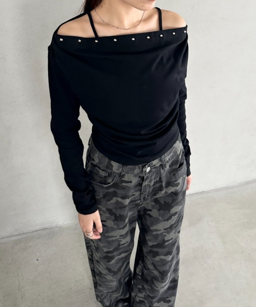 Bamm(バム)の「スタッズオフショルサイドギャザートップス(Tシャツ/カットソー・レディース・ブラック/グレー/ネイビー/ホワイト/レッド・FREE)」の16枚目の写真
