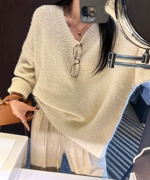 Teem Store(チームストア)の「メランジVネックニット(ニット/セーター・レディース・ブラウン/アイボリー/グレー・F)」の18枚目の写真