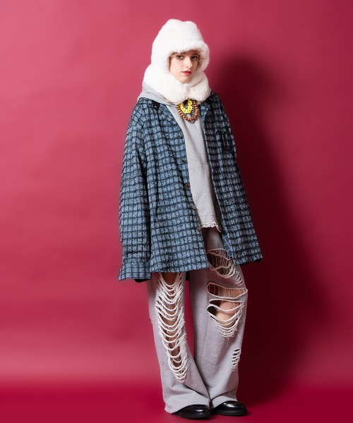 a.p.o.v.(エーピーオービー)の「a.p.o.v. ビッグナンバリング&ロゴオーバーサイズ染抜チェックデニムシャツジャケット(シャツ/ブラウス・メンズ・ネイビー/ブルー・ONESIZE)」の8枚目の写真