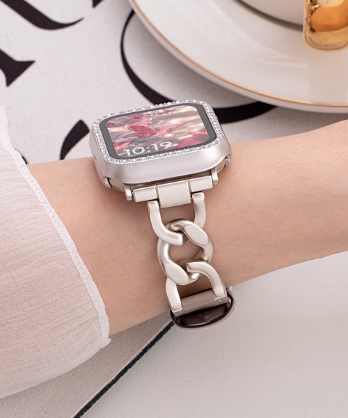 セール】10D18-MZ チェーン×レザー調スマートウォッチバンド Apple