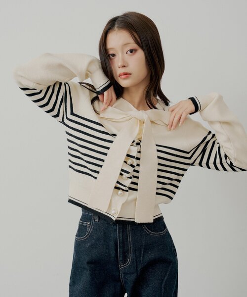 Chico（チコ）の「【SALON by Chico/4色展開】フロントリボンパールフリルトップス（ニット/セーター・レディース・グレー/アイボリー/ブラック/ホワイト系その他2・FREE）」の20枚目の写真