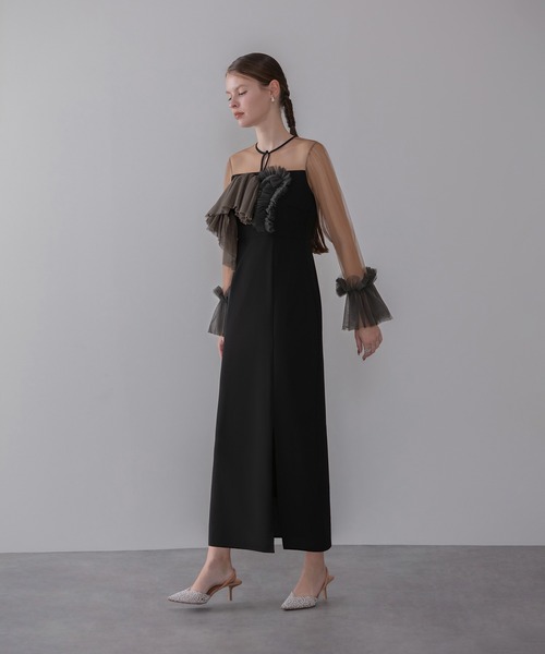 Leja(レジャ)の「【LEJA】フリルチュールボレロレイヤードIラインワンピースドレス美脚効果結婚式 パーティードレス 成人式 二次会 同窓会 お呼ばれ オケージョン 20代 30代(ドレス・レディース・ブラック・SMALL/MEDIUM)」の2枚目の写真