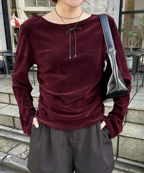 mline（エムライン）の「[mline]シアーベロア ギャザートップス（Tシャツ/カットソー・レディース・アイボリー/ブラック/ボルドー・FREE）」の3枚目の写真