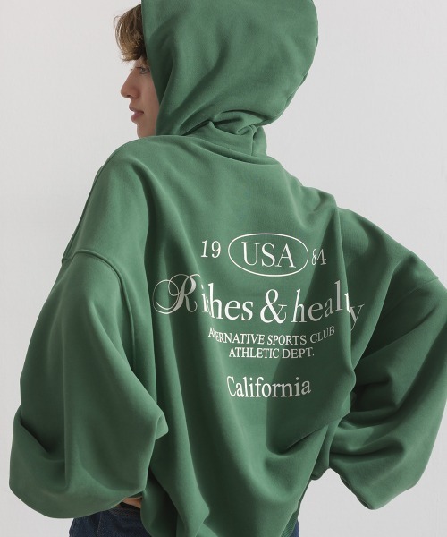 enhaut（アンオート）の「裏起毛 ブラスト加工 フロントロゴ刺繍 バックロゴ  オーバーサイズ スウェット パーカー（パーカー・レディース・グリーン/ホワイト/ネイビー/杢グレー・FREE）」の3枚目の写真