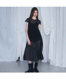 Sheer Layered Shirring Dress [Black]