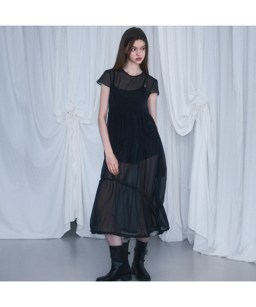 Sheer Layered Shirring Dress [Black]（ワンピース）｜ROSEFRANTZ