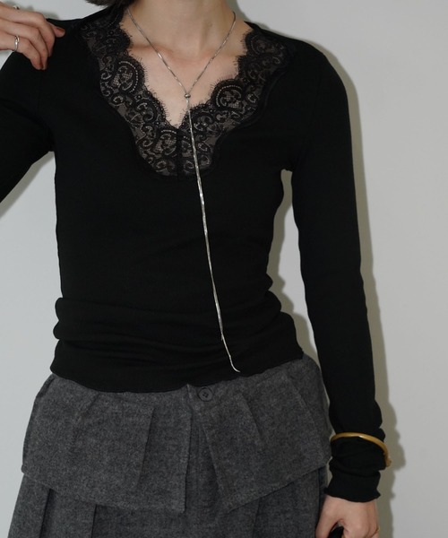 chuclla（チュクラ）の「レースネックリブニットトップス chw26s017（Tシャツ/カットソー・レディース・ライトベージュ/ブラック/モカ・FREE）」の16枚目の写真