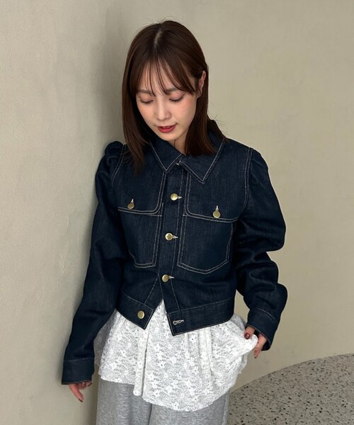 mystic(ミスティック)の「【@sktnnm企画】金ボタンデニムパフジャケット(ブルゾン・レディース・ネイビー/ブラック・FREE)」の2枚目の写真