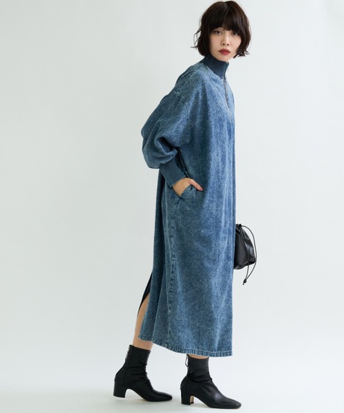 A.D.C.L.（エーディーシーエル）の「ハーフジップ デニム ロングワンピース サムホール付き（ワンピース・レディース・ブラック/ブルー・L/M）」の14枚目の写真
