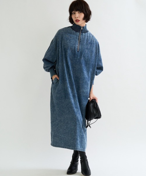 A.D.C.L.（エーディーシーエル）の「ハーフジップ デニム ロングワンピース サムホール付き（ワンピース・レディース・ブラック/ブルー・L/M）」の15枚目の写真