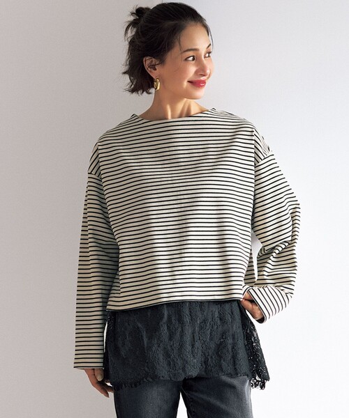 UNFILO(アンフィーロ)の「ドライタッチリブ バックZIP ボーダートップス(Tシャツ/カットソー・レディース・ネイビー系1/ホワイト系1/ベージュ系1/レッド系1・X-LARGE)」の2枚目の写真