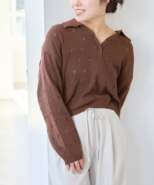 U by SPICK&SPAN(ユーバイスピックアンドスパン)の「衿つき柄編みニット(ニット/セーター・レディース・ピンク/ブラウン/アイボリー・FREE)」の3枚目の写真