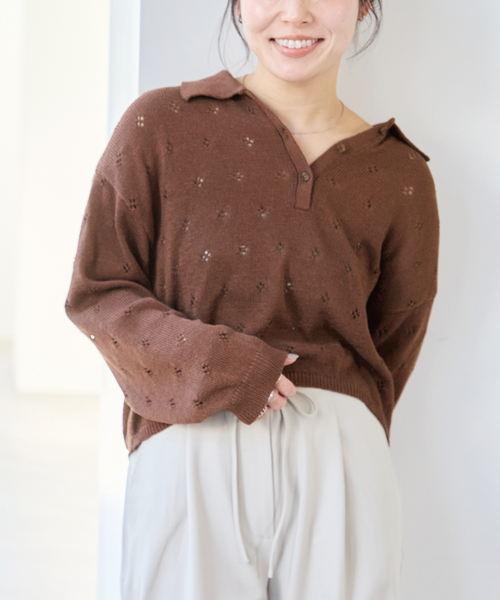 U by SPICK&SPAN(ユーバイスピックアンドスパン)の「衿つき柄編みニット(ニット/セーター・レディース・ピンク/ブラウン/アイボリー・FREE)」の8枚目の写真