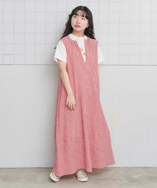 l'atelier du savon（アトリエドサボン）の「ちぢみギンガム　裾バルーンワンピース（ワンピース・レディース・レッド・FREE）」の8枚目の写真