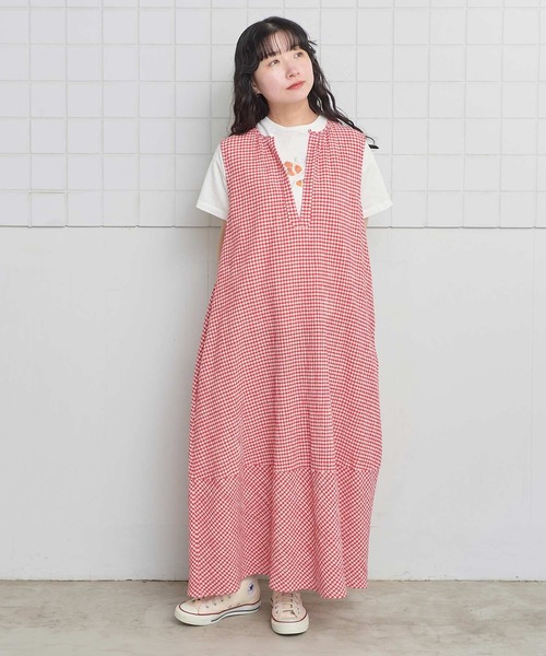 l'atelier du savon（アトリエドサボン）の「ちぢみギンガム　裾バルーンワンピース（ワンピース・レディース・レッド・FREE）」の14枚目の写真