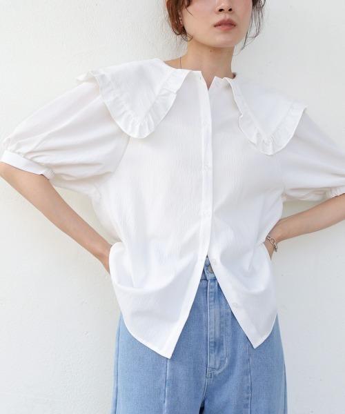 Bab(バブ)の「ビックカラーハーフスリーブブラウス(シャツ/ブラウス・レディース・オフホワイト/ブラック・MEDIUM)」の7枚目の写真
