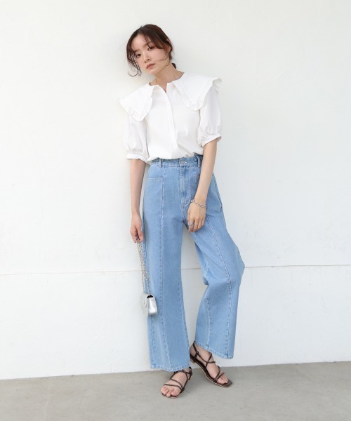 Bab(バブ)の「ビックカラーハーフスリーブブラウス(シャツ/ブラウス・レディース・オフホワイト/ブラック・MEDIUM)」の3枚目の写真