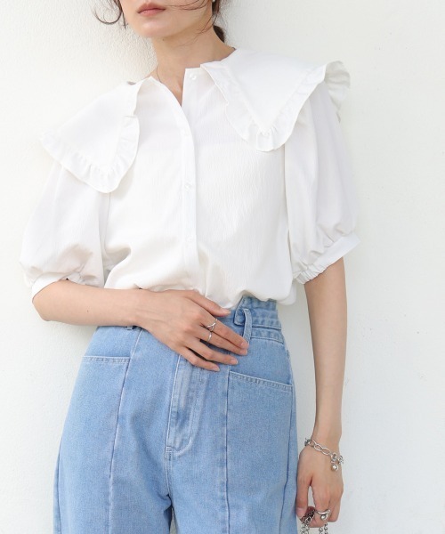 Bab(バブ)の「ビックカラーハーフスリーブブラウス(シャツ/ブラウス・レディース・オフホワイト/ブラック・MEDIUM)」の4枚目の写真