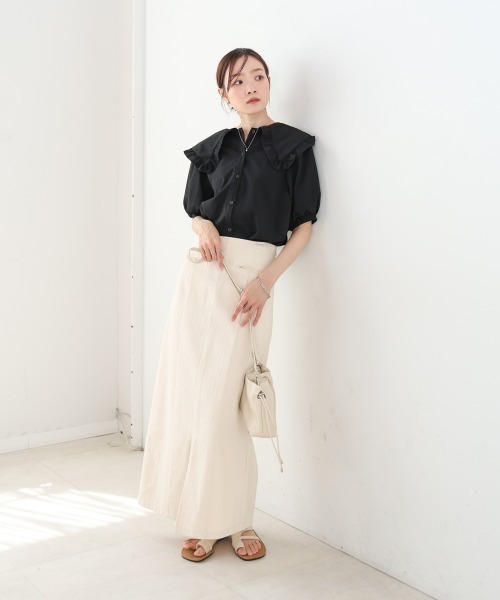 Bab(バブ)の「ビックカラーハーフスリーブブラウス(シャツ/ブラウス・レディース・オフホワイト/ブラック・MEDIUM)」の5枚目の写真