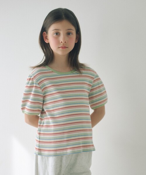 green label relaxing（グリーンレーベルリラクシング）の「テレコ マルチボーダー Tシャツ 100cm-160cm（Tシャツ/カットソー・キッズ・ライトピンク/ライム・150cm/120cm/110cm/160cm/130cm/140cm/100cm）」の2枚目の写真