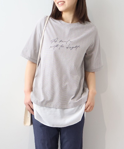 MB mint breeze(エムビーミントブリーズ)の「【L~5L 大きいサイズ】レイヤードライクロゴプリントTシャツ(Tシャツ/カットソー・レディース・グレー/ラベンダー/ネイビー・LL/3L/4L/5L/L)」の1枚目の写真