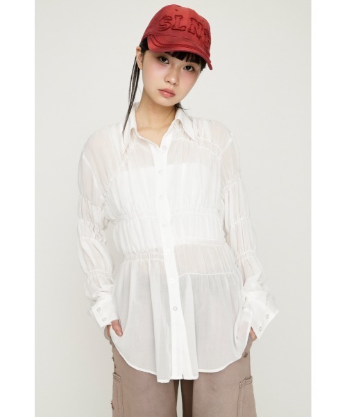 ASYMMETRY SHIRRING SHEER SH アシンメトリーシャーリングシアーシャツ
