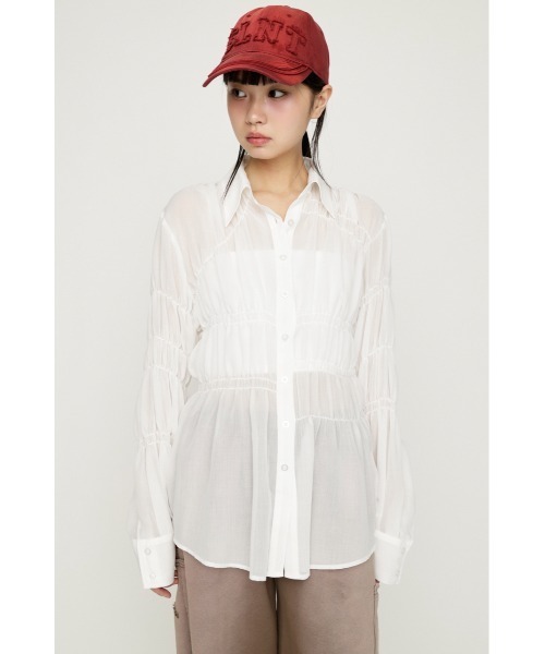 SLY(スライ)の「ASYMMETRY SHIRRING SHEER SH アシンメトリーシャーリングシアーシャツ 春服 夏服(シャツ/ブラウス・レディース・グレー/オフホワイト/ライトピンク・FREE)」の5枚目の写真