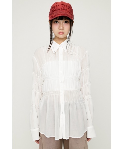 SLY(スライ)の「ASYMMETRY SHIRRING SHEER SH アシンメトリーシャーリングシアーシャツ 春服 夏服(シャツ/ブラウス・レディース・グレー/オフホワイト/ライトピンク・FREE)」の6枚目の写真