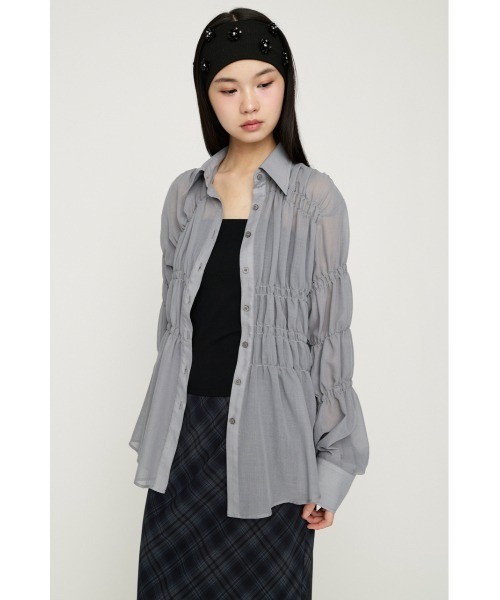 SLY(スライ)の「ASYMMETRY SHIRRING SHEER SH アシンメトリーシャーリングシアーシャツ 春服 夏服(シャツ/ブラウス・レディース・グレー/オフホワイト/ライトピンク・FREE)」の12枚目の写真