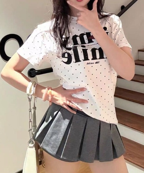 Sibra（シブラ）の「ドット柄ロゴプリントコンパクトTシャツ（Tシャツ/カットソー・レディース・グレー/ホワイト系その他/ホワイト・M）」の6枚目の写真