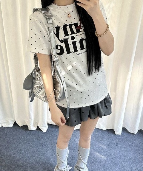 Sibra（シブラ）の「ドット柄ロゴプリントコンパクトTシャツ（Tシャツ/カットソー・レディース・グレー/ホワイト系その他/ホワイト・M）」の7枚目の写真