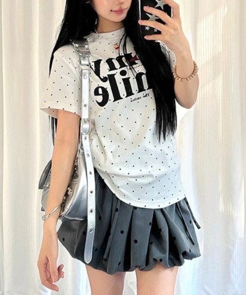 Sibra（シブラ）の「ドット柄ロゴプリントコンパクトTシャツ（Tシャツ/カットソー・レディース・グレー/ホワイト系その他/ホワイト・M）」の8枚目の写真