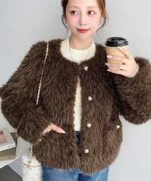 ゴールドボタンパイルファーノーカラーブルゾン