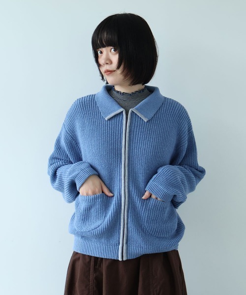 bulle de savon(ビュルデサボン)の「コットン/ウール 畦編zip カーディガン(ニット/セーター・レディース・ブルー/キナリ/レッド・FREE)」の3枚目の写真