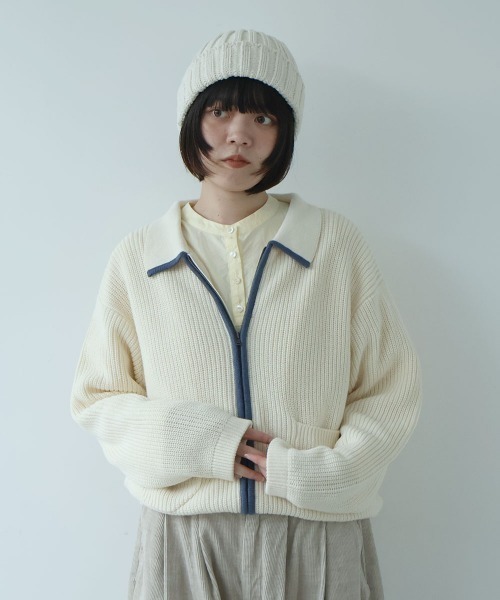 bulle de savon(ビュルデサボン)の「コットン/ウール 畦編zip カーディガン(ニット/セーター・レディース・ブルー/キナリ/レッド・FREE)」の2枚目の写真
