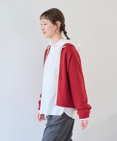 bulle de savon(ビュルデサボン)の「コットン/ウール 畦編zip カーディガン(ニット/セーター・レディース・ブルー/キナリ/レッド・FREE)」の4枚目の写真