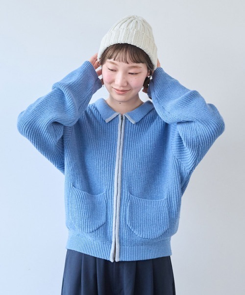 bulle de savon(ビュルデサボン)の「コットン/ウール 畦編zip カーディガン(ニット/セーター・レディース・ブルー/キナリ/レッド・FREE)」の18枚目の写真