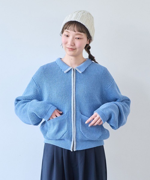 bulle de savon(ビュルデサボン)の「コットン/ウール 畦編zip カーディガン(ニット/セーター・レディース・ブルー/キナリ/レッド・FREE)」の14枚目の写真