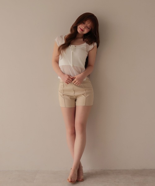 M DOLLY(エムドリー)の「Ribbon maisie french sleeve tops / リボンメイジーフレンチスリーブトップス(Tシャツ/カットソー・レディース・ホワイト/ピンクベージュ/ブラック・FREE)」の9枚目の写真