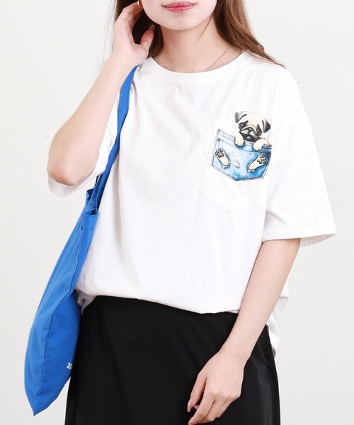 BARNDOOR(バーンドア)の「20/-天竺 いぬ・ねこポケT 26SS 半袖(Tシャツ/カットソー・レディース・ブラック系3/ホワイト系3/ブラック系2/グレー系3/グレー系2/ホワイト系2・FREE)」の1枚目の写真