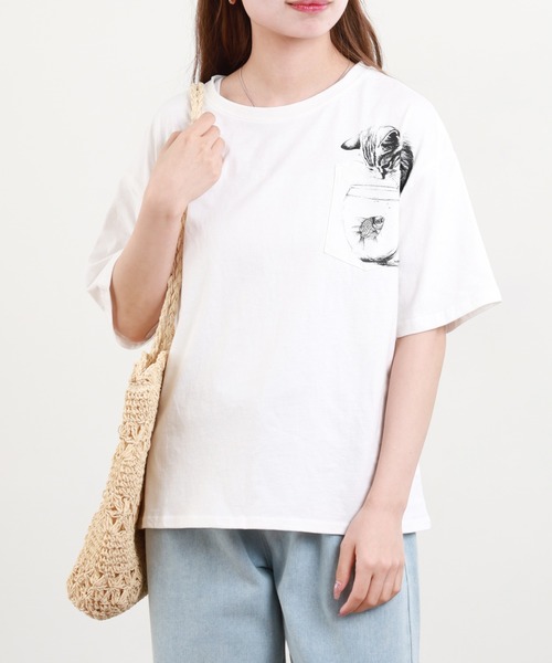 BARNDOOR(バーンドア)の「20/-天竺 いぬ・ねこポケT 26SS 半袖(Tシャツ/カットソー・レディース・ブラック系3/ホワイト系3/ブラック系2/グレー系3/グレー系2/ホワイト系2・FREE)」の2枚目の写真