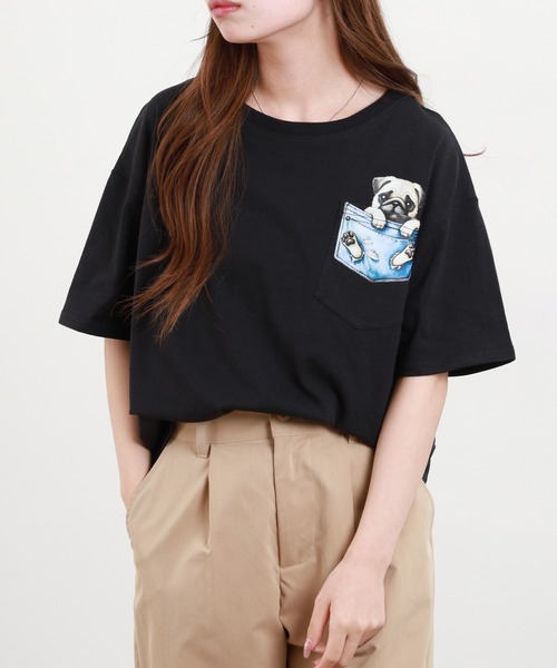 BARNDOOR(バーンドア)の「20/-天竺 いぬ・ねこポケT 26SS 半袖(Tシャツ/カットソー・レディース・ブラック系3/ホワイト系3/ブラック系2/グレー系3/グレー系2/ホワイト系2・FREE)」の3枚目の写真